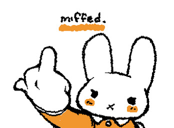 ambiguous_anthro ambiguous_gender anthro black_eyes black_text blush chibi clothed clothing empty_eyes eyelashes fingers flipping_viewer_off gesture hand_gesture middle_finger noseless orange_blush orange_clothing orange_topwear short_tail simple_background simple_eyes solo squigglevision stylized_empty_eyes tail text topwear white_background white_body white_ears x_mouth ligma_(artist) miffy lagomorph leporid mammal rabbit 2025 animated digital_media_(artwork) english_text low_res wigglypaint_(artwork) female_(lore)