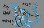 anthro arms_tied bdsm blue_body bondage bound distressed duct_tape duct_tape_gag gag gagged grey_background hands_behind_back kneeling legs_tied male restraints rope rope_bondage rope_harness simple_background solo striped_body stripes submissive submissive_male tape tape_gag bondagefanart nintendo pokemon kippy_the_sharkip fish generation_3_pokemon hybrid marine mudkip pokemon_(species) shark