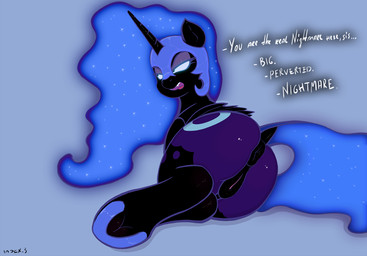 anatomically_correct anatomically_correct_genitalia anatomically_correct_vulva animal_genitalia animal_vulva anus armor black_anus black_body black_fur black_vulva blue_background blue_eyes blue_hair blue_sclera blue_tail butt cutie_mark dialogue dock_(anatomy) equine_anus equine_genitalia equine_vulva ethereal_hair ethereal_mane ethereal_tail eyelashes eyeshadow fangs female feral folded_wings fur genitals hair half-closed_eyes headgear helmet hooves horn long_hair long_horn makeup narrowed_eyes pseudo_hair pseudo_mane puffy_anus purple_eyeshadow raised_tail simple_background solo tail teeth text underhoof vulva wings index_3 friendship_is_magic hasbro my_little_pony mythology nightmare_moon_(mlp) equid equine mammal mythological_creature mythological_equine winged_unicorn 2023 digital_media_(artwork) english_text hi_res