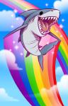 ambiguous_gender black_eyes blue_body cloud detailed_background feral flying grey_body happy nude open_mouth outside rainbow rainbow_arch sharp_teeth sky skyscape smile solo sparkles super_gay teeth tongue spunky_(artist) fish marine shark 2013 colorful_theme digital_media_(artwork) lol_comments reaction_image