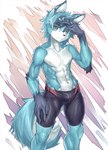 anthro arm_markings athletic blue_body blue_eyes blue_fur blue_hair blue_nipples bottomwear bulge clothing fur furrowed_brow glistening gloves_(marking) hair hand_on_head kemono male markings multicolored_body muscular narrowed_eyes navel nipples pose shorts shoulder_markings solo spandex spandex_shorts tight_bottomwear tight_clothing tight_shorts toned_body two_tone_body two_tone_tail white_body white_fur nayoshi744 canid canine fox mammal 2018 digital_media_(artwork) hi_res