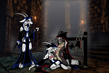 anthro bdsm bodily_fluids bondage bound cum dark dominant dominant_female dungeon erection female forced genital_fluids genitals group licking male pain penis precum slave submissive submissive_male tongue tongue_out whip whip_mark setmann123 asinus bovid caprine donkey equid equine goat horse mammal digital_media_(artwork)