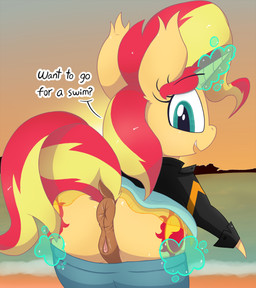 anatomically_correct anatomically_correct_genitalia anatomically_correct_vulva animal_genitalia animal_vulva anus beach bottomwear bottomwear_down butt clitoral_winking clitoris clothed clothing cutie_mark dialogue dock_(anatomy) equine_genitalia equine_vulva eyebrow_through_hair eyebrows eyelashes female feral genitals hair hooves horn inviting jacket looking_at_viewer looking_back magic multicolored_hair nude open_mouth open_smile outside pants pants_down partially_clothed puffy_anus question_mark raised_tail seaside skinny_dipping skirt sky smile solo sparkles standing sun sunset tail talking_to_viewer teal_eyes teeth text topwear translucent translucent_hair two_tone_hair undressing vulva water dragonpone equestria_girls hasbro my_little_pony mythology sunset_shimmer_(eg) equid equine mammal mythological_creature mythological_equine unicorn 2017 absurd_res digital_drawing_(artwork) digital_media_(artwork) english_text hi_res