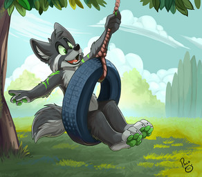 anthro blue_sky cheek_tuft cloud facial_tuft fangs fur grass green_eyes green_markings green_pawpads green_sclera grey_body grey_fur happy head_tuft male markings nude open_mouth open_smile outside pawpads plant rope sky smile solo teeth tire_swing tree tuft young young_anthro young_male pandapaco canid canine mammal