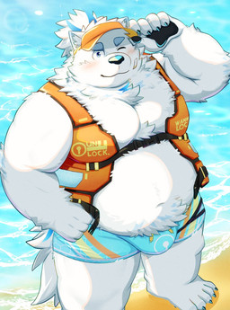anthro beach belly blue_eyes blush bottomwear bulge clothing fur hat headgear headwear life_jacket male navel one_eye_closed overweight pawpads shorts solo swimwear visor_cap white_body white_fur wink ruoain lifewonders live_a_hero yohack canid canine canis domestic_dog mammal nordic_sled_dog samoyed spitz
