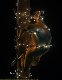 abdominal_bulge anal anal_penetration ankles_tied bdsm bondage bound christmas_decorations christmas_lights dildo male penetration sex_toy solo string_light_bondage string_lights suspension text beastmilk cervine deer mammal 3d_(artwork) digital_media_(artwork) url