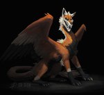 ambiguous_gender black_background black_inner_ear black_markings black_tongue brown_body brown_fur cheek_tuft claws countershade_face countershade_fur countershade_torso countershading facial_tuft feathered_wings feathers feral fur fur_markings inner_ear_fluff light long_neck long_tail markings open_mouth pointy_ears prick_ears red_eyes reverse_countershading sharp_teeth simple_background sitting smile snarling snout solo tail teeth tongue tuft white_inner_ear_fluff white_markings wings cu_sith_(artist) mythology dragon feathered_dragon feathered_scalie furred_dragon furred_scalie mythological_creature mythological_scalie scalie digital_media_(artwork) digital_painting_(artwork) full-length_portrait lighting lineless painting_(artwork) portrait signature watermark