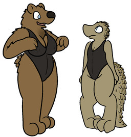 anthro breasts brown_body brown_fur clothed clothing duo female fur one-piece_swimsuit swimwear trout_(artist) trout_(character) bear lizard mammal reptile scalie 2016 aliasing digital_media_(artwork)