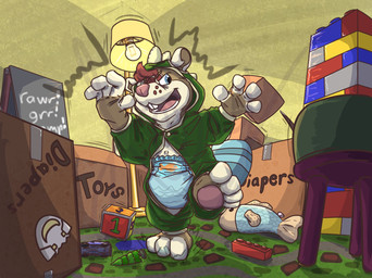 anthro beaver_tail blue_eyes blue_tail box brown_body brown_fur buckteeth cardboard cardboard_box clean_diaper container diaper dinosaur_costume exposed_diaper fur hair inside male one_leg_up pawpads playing pretending raised_leg red_hair shaking solo tail teeth toddler toy trembling young jays_art_corner lego kvikk_(littlekvikk) beaver mammal rodent hi_res