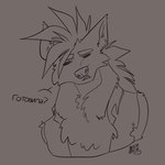 anthro clothing confusion disgusted_face frown hi_res hyena male mammal mohawk monochrome russian_text sharp_teeth sketch solo spade_(yeenpeen) squinted_eyes striped_hyena teeth text torn_clothing y33np33n_(artist)