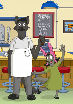 anthro beard black_hair clothed clothing duo facial_hair female fur hair hat headgear headwear humor male male/female mustache smile tail conditional_dnp zaiksmckraven bob's_burgers bob_belcher louise_belcher canid canine canis mammal wolf crossover hi_res