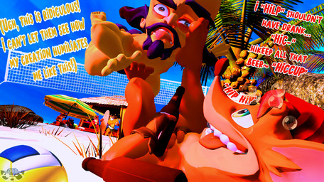 alcohol anthro ball beach beach_umbrella beard bedroom_eyes beer beer_bottle beverage bikini_thong black_hair bottle bottomwear bubble cabin clothed clothing coconut container detailed_background drunk drunk_bubble drupe_(fruit) duo eyewear facial_hair feet food foot_on_breast foot_on_face footwear fruit fur grass hair hat headgear headwear hiccuping hurt_expression island kick loincloth loincloth_only lying lying_on_sand male male/male mohawk muscular narrowed_eyes net nipples on_back onomatopoeia orange_body orange_fur palm_tree parasol plant red_body red_fur red_hair rock sand sandals seductive shoes sky skyscape sound_effects substance_intoxication sunglasses sunscreen surfboard swimwear text thong tongue tongue_out topless tree umbrella underwear volleyball_(ball) volleyball_net yellow_body michmachape activision crash_bandicoot_(series) crash_bandicoot crunch_bandicoot doctor_neo_cortex evil_crash tiny_tiger trash_bandicoot bandicoot dasyuromorph human humanoid mammal marsupial recently_extinct_species thylacine 3d_(artwork) digital_media_(artwork) hi_res