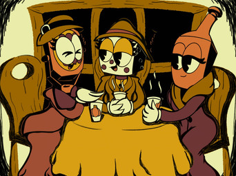 alcohol alcohol_bottle anthro beer_bottle beverage beverage_bottle big_eyes bottle cartoon_gloves chair clothing coffee coffee_cup container cup dice electronics female food for_a_head fruit furniture gossip group hat headgear headwear microphone plant pumpkin pumpkin_spice_(food) pumpkin_spice_latte rubberhose scarf simple_background simple_coloring suit table tablecloth toony trio window crazy_8_animations gin_brixton misty_mic humanoid object_head shaded simple_shading