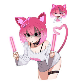 accessory bare_shoulders bell bell_collar bent_over black_collar black_eyes blush blush_lines bob_cut breasts cleavage clothed clothing collar eyelashes female glowstick hair hair_accessory hairclip heart_tail holding_glowstick holding_object inner_ear_fluff looking_at_viewer medium_breasts oversized_clothing oversized_shirt oversized_topwear pink_hair pink_tail shirt short_hair simple_background solo spaghetti_strap standing tail thigh_strap topwear tuft white_background white_clothing white_shirt white_topwear wide_hips cockati trickcal kishya_(trickcal) animal_humanoid cat_humanoid felid felid_humanoid feline feline_humanoid humanoid mammal mammal_humanoid 2026 aliasing digital_media_(artwork) reference_image