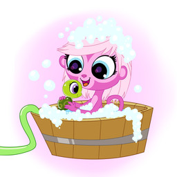 anthro bath bath_toy blue_eyes bubble female fur garden_hose hair open_mouth pink_body pink_fur pink_hair purple_eyes solo suds tongue madmax hasbro littlest_pet_shop littlest_pet_shop_(2012) minka_mark haplorhine mammal monkey primate reptile scalie turtle 2013 hi_res