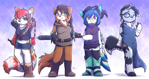 anthro archer beak belt belt_pouch blue_hair boots bottomwear bow_(feature) bow_on_back bow_ribbon breasts brown_body brown_fur brown_hair clothed clothing dress female footwear fur gloves grey_body grey_fur group hair handwear hoodie legwear magic_user melee_weapon multicolored_body multicolored_fur orange_body orange_fur pose red_hair sandals scabbard shoes shorts simple_background skirt sword sword_on_back swordsman thigh_highs topwear wand weapon white_body white_fur lotsoflatte perico sami_(red_panda) ailurid avian bird canid canine canis domestic_dog mammal red_panda 2019 hi_res