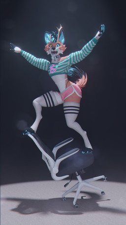 anthro antlers bottomwear chair clothed clothing collar dangerous femboy fishnet_clothing furniture gymnastics horn hotpants leggings legwear male office_chair open_mouth shorts solo spotlight wings sanythefox sany_van_fox lagomorph mammal wolpertinger 3d_(artwork) 4k 9:16 absurd_res digital_media_(artwork) hi_res
