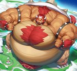 anthro belly big_belly big_muscles bulge collar hair hairy high-angle_view huge_belly huge_muscles hyper hyper_belly hyper_muscles landscape macro male muscular orange_body red_hair shell solo spiked_collar spikes tail kitora boris_(heavyrocksboar) mammal suid suine sus_(pig) wild_boar hi_res