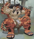 5_fingers 5_toes abs ankle_tuft anthro arm_tuft balls bandage bandage_on_face bandage_on_nose biceps black_hair black_stripes bulge chest_markings chest_tuft chopsticks cjk_character claws clothing feet finger_claws fingers foggy_background food_stall footwear fur furniture genitals hair holding_chopsticks holding_object leg_tuft male markings muscular muscular_anthro muscular_male nipple_piercing nipple_ring nipples obliques open_toe_shoes orange_body orange_fur pawpads pecs penis piercing pubes red_eyes ring_piercing sandals shadow shoes sitting solo stool striped_body striped_fur stripes tenting text toe_claws toes tuft vehicle vein veiny_muscles veiny_penis wagon wrist_tuft ashendawger ashael_toramono felid mammal pantherine tiger 2023 absurd_res chinese_text hi_res