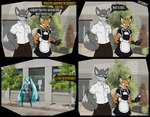 2024 absurd_res anthro balthy_(suitedwolfie) blue_hair canid canine canis cellphone cigarette cigarette_in_mouth clothed clothing comic crossdressing day detailed_background dialogue digital_drawing_(artwork) digital_media_(artwork) duo electronics english_text femboy fence fur grey_body grey_fur hair hatsune_miku hi_res holding_cellphone holding_object holding_phone maid_uniform male mammal object_in_mouth orange_body orange_fur outside phone speech_bubble suitedwolfie talking_to_another text uniform vocaloid wolf