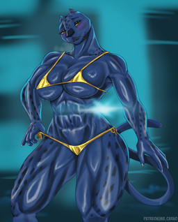abs abstract_background anthro big_breasts bikini bikini_pull black_body black_fur blush breasts brown_eyes claws clothing clothing_pull female finger_claws fingers front_view fur gold_bikini humanoid_hands looking_at_viewer markings muscular muscular_anthro muscular_arms muscular_female muscular_legs navel pose purple_body purple_fur seductive solo spots spotted_markings standing swimwear swimwear_pull tail text two-piece_swimsuit yellow_sclera mr.carno goat_(movie) jett_fillmore felid mammal pantherine absurd_res artist_name colored hi_res pinup portrait shaded three-quarter_portrait