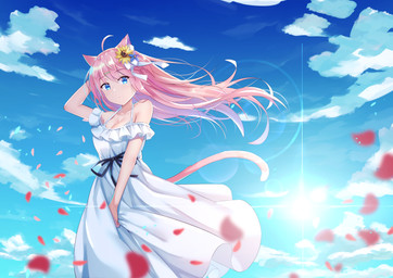 accessory blue_eyes blush breasts clothing cloud day dress female flower flower_in_hair hair hair_accessory long_hair outside petals pink_hair plant solo standing sun mirufuaa animal_humanoid cat_humanoid felid felid_humanoid feline feline_humanoid humanoid mammal mammal_humanoid 2019 hi_res