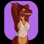 anthro big_breasts bottomless bottomless_anthro bottomless_female breasts clothed clothing female navel nipples non-mammal_nipples scar shirt smile solo toothy_grin topwear translucent translucent_clothing translucent_shirt translucent_topwear hirothedragon rift_seekers_saga shirt_cut_meme shaaux_kautner dinosaur dromaeosaurid prehistoric_species reptile scalie theropod velociraptor 1:1 absurd_res alpha_channel hi_res meme