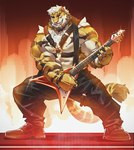 abs anthro band barazoku beard big_muscles biting_necklace black_bottomwear black_clothing black_facial_hair black_footwear black_pants black_shoes bottomwear braided_hair chest_tattoo clothing concert concert_stage facial_hair fire footwear fur grin guitar hair holding_guitar holding_musical_instrument holding_object huge_muscles male male_anthro muscular muscular_anthro muscular_male musical_instrument on_stage pants pecs playing_guitar playing_music plucked_string_instrument pyrotechnics shirtless_anthro shirtless_male smile solo string_instrument striped_body striped_fur stripes tail tattoo white_body white_fur white_hair yellow_body yellow_fur teseirei taiyang_(leoooliooon) felid mammal pantherine tiger 2025 hi_res warm_colors