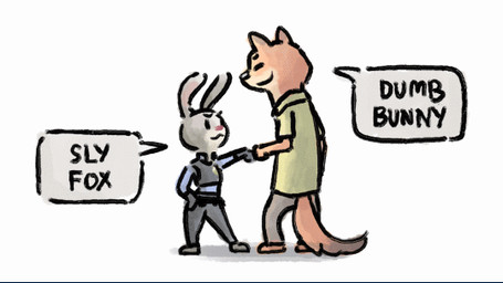 ambiguous_gender anthro barefoot bottomwear brown_tail_tip clothed clothing dialogue dipstick_tail duo feet fully_clothed fur grey_body grey_fur light markings multicolored_tail orange_body orange_fur pants police police_uniform shadow shirt simple_background speech_bubble standing tail tail_markings text topwear uniform white_background devonkong disney zootopia judy_hopps nick_wilde canid canine fox lagomorph leporid mammal rabbit red_fox true_fox animated english_text lighting