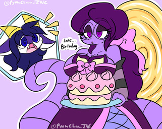 anthro birthday breasts cake clothing dessert dress duo eyewear female food glasses hair horn male purple_background purple_body purple_eyes purple_hair simple_background surprised lewdchuu nintendo pokemon lavender_(lewdchuu) arbok generation_1_pokemon pokemon_(species) hi_res