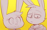 anthro clothing duo eye_bags female freckles head_tuft hoodie looking_at_viewer male simple_background topwear tuft agidyne rose_(agidyne) stephen_(agidyne) lagomorph leporid mammal rabbit hi_res