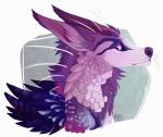 2016 ambiguous_gender canid canine digital_media_(artwork) feathers feral hair hybrid mammal maplespyder purple_body purple_eyes purple_feathers purple_hair purple_nose solo