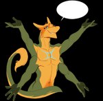 4_arms 4_pecs anthro empty_speech_bubble happy male multi_arm multi_eye multi_hand multi_limb multi_pecs multicolored_body pecs raised_arms smile solo speech_bubble spread_arms tail oukaarts gemini_the_sergal absurd_res hi_res