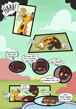 bodily_fluids brown_body brown_fur cloud dialogue flying_sweatdrops fur grass living_tail orange_sclera out_of_breath peril pink_nose plant sharp_teeth speech_bubble spikes spikes_(anatomy) sweat sweatdrop tail tail_head teeth tongue tongue_out unusual_anatomy unusual_tail water yellow_body yellow_fur trevor-fox nintendo pokemon kyp_(character) trevor-fox_(character) generation_2_pokemon girafarig pokemon_(species) comic hi_res