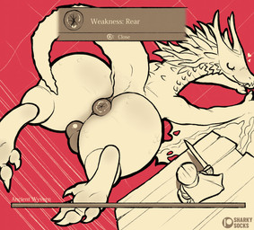 ambiguous_gender anus backsack balls big_butt butt darkened_anus darkened_balls darkened_genitalia duo eyes_closed feral gameplay_mechanics genitals gui health_bar horn huge_butt knight larger_feral larger_male lying macro male on_front puffy_anus size_difference smaller_human smile spikes tail tail_anus warrior sharkysocks dark_souls fromsoftware mythology ancient_wyvern dragon human mammal mythological_creature mythological_scalie scalie hi_res monochrome sketch