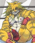 abs anthro balls_bulge blush clothing feet fighting_ring foot_wraps green_eyes green_hair hair hand_wraps long_hair looking_at_viewer male muscular muscular_anthro muscular_male nipples pecs sitting smile smirk solo speedo spread_legs spreading swimwear tenting wraps argo_slothcat2 lifewonders tokyo_afterschool_summoners macan_(tas) felid mammal pantherine tiger hi_res