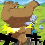 anthro bear_hug biped blue_body blush bodily_fluids brown_body claws clothed clothing detailed_background duo kemono open_mouth outside size_difference tears toe_claws tongue tongue_out hisashino dragon_quest dragon_quest:_the_adventure_of_dai square_enix chiu bear mammal mouse murid murine rodent 1:1 hi_res