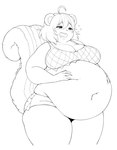 ahoge belly big_belly big_breasts big_tail blush blush_lines bodily_fluids bottomwear breasts buckteeth cleavage clothed clothing drooling female hair hand_on_belly holding_belly huge_belly huge_breasts huge_tail huge_thighs multicolored_hair navel obese obese_female obese_humanoid open_mouth open_smile overweight overweight_female overweight_humanoid saliva shorts simple_background smile solo standing tail teeth text thick_thighs topwear weight_gain cakecatboy animal_humanoid humanoid mammal mammal_humanoid rodent rodent_humanoid sciurid sciurid_humanoid tree_squirrel_humanoid character_request hi_res monochrome signature sketch