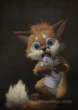 ambiguous_gender black_background blue_eyes brown_body brown_fur chibi clothing countershading daww feral footwear fur holding_object open_mouth painterly simple_background socks solo style_emulation text white_body white_fur silverfox5213 saturn_devouring_his_son big_nug canid canine canis fox mammal red_fox true_fox 2020 digital_media_(artwork) digital_painting_(artwork) inspired_by_formal_art painting_(artwork) url