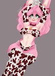 animal_print anthro armwear breasts clothing cow_print cowbell elbow_gloves female fur gloves green_eyes hair handwear legwear lingerie long_hair medium_breasts panties pink_body pink_fur pink_hair puffy_hair solo stockings underwear wide_hips kittyq sega sonic_the_hedgehog_(series) fan_character lagomorph leporid mammal rabbit hi_res