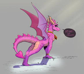 3_toes 4_fingers all_fours blue_eyes butt dialogue duo feet female feral fingers flying hiding horn jewelry necklace pink_body plant pose rear_view shrub simple_background smile stretching tail teeth text toes wings apollyondragon activision mythology spyro_the_dragon ember_(spyro) dragon mythological_creature mythological_scalie scalie 2025 digital_media_(artwork) english_text widescreen