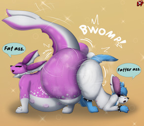 alternative_fashion ass_to_ass ass_up belly big_belly big_butt black_nose blue_eyes blue_hair bodily_fluids bouncing_butt bow_tie bracelet butt butt_squish claws countershade_legs countershade_tail countershade_torso countershading dialogue duo ear_piercing facial_piercing feet female feral fin fish_tail fluffy fluffy_tail goth hair highlights_(coloring) huge_butt hyper hyper_butt inner_ear_fluff jewelry motion_lines musk nose_piercing nude obese open_mouth overweight overweight_female paws piercing purple_eyes purple_hair simple_background smile spiked_bracelet spikes spots squish sweat sweaty_butt tail tail_fin teasing teats text thick_thighs toe_claws tuft wide_hips yellow_background stylish_apollo nintendo pokemon fan_character iris_(rook) stella_(stylish_apollo) eeveelution generation_1_pokemon generation_6_pokemon pokemon_(species) sylveon vaporeon hi_res