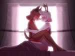 aarondrawsarts anthro antlers backlighting bed bedding bedroom blanket blush blushing_profusely bovid brown_body brown_fur capri_(deerkid) caprine cuddling curtains duo embrace eyes_closed fluffy fluffy_tail fur furniture goat hi_res hooves horn hug intimate jackalope lagomorph light lighting male male/male mammal nude nuzzling romantic scut_tail short_tail side_butt smile tail tail_motion tailwag under_covers virgil_(deerkid) waking_up white_body white_fur window