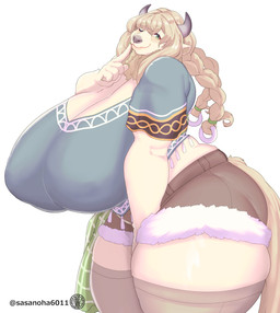 absolute_territory anthro big_breasts black_nose blonde_hair blue_clothing blue_shirt blue_topwear bottomwear breasts brown_bottomwear brown_clothing brown_shorts cleavage clothed clothing female female_anthro finger_to_cheek green_eyes grey_horn hair horn horse_tail huge_breasts hyper hyper_breasts long_hair looking_at_viewer one_eye_closed shirt shorts simple_background smile solo standing tail thick_thighs topwear white_background wink sasanoha6011 bovid bovine cattle hybrid mammal absurd_res hi_res