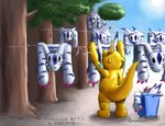 2010 animal_skin anthro bandai_namco claws digimon digimon_(species) eyes_closed gabumon hi_res horn humor japanese_text karabiner laundry male outside plant reptile scalie solo sun tail text translated tree