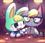 alcohol anthro beverage blonde_hair blush bodily_fluids bottle clothing container cup duo eyewear glasses hair heterochromia interspecies long_ears male male/male nervous open_mouth open_smile smile substance_intoxication suit sweat tongue block_(artist) animal_crossing jack_daniel's nintendo raymond_(animal_crossing) sasha_(animal_crossing) domestic_cat felid feline felis lagomorph leporid mammal rabbit 2021