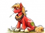 2014 big_macintosh_(mlp) colored_sketch cutie_mark earth_pony equid equine feral freckles friendship_is_magic fur grass green_eyes hair hasbro hooves horse kenket male mammal mouth_hold my_little_pony nude orange_hair painting_(artwork) plant plow_yoke pony red_body red_fur side_view simple_background sitting sketch solo sophiecabra traditional_media_(artwork) watercolor_(artwork) white_background