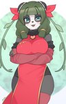 absurd_res anthro arms_crossed_under_breasts arumo asian_clothing bear big_breasts blue_eyes breasts chinese_clothing chinese_dress clothing crossed_arms dress east_asian_clothing female giant_panda green_hair hair hi_res legwear looking_at_viewer mammal open_mouth red_clothing red_dress red_legwear red_thigh_highs short_hair smile solo thigh_highs
