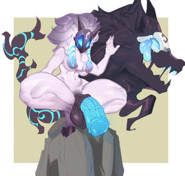 animal_genitalia animal_penis anthro areola balls big_penis biped black_body black_fur blue_body blue_eyes blue_insides blue_penis blue_tongue bow_(weapon) breasts cloven_hooves crossgender crouching cyanotic_epithelium duo equine_genitalia equine_penis erection ftg_crossgender fti_crossgender fur genitals glowing glowing_eyes gynomorph holding_bow_(weapon) holding_object holding_ranged_weapon holding_weapon hooves intersex long_ears male mask medial_ring nude open_mouth penis ranged_weapon solo spread_legs spreading tongue tongue_out unguligrade vein veiny_penis weapon wearing_mask white_body white_fur zeo_(artist) league_of_legends riot_games tencent kindred_(lol) lamb_(lol) wolf_(lol) bovid canid canine canis caprine mammal sheep wolf absurd_res hi_res