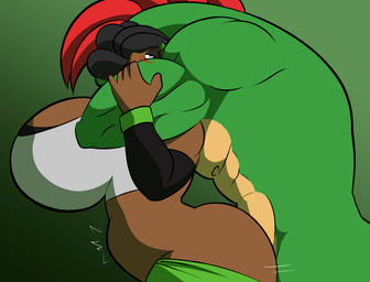 abdominal_bulge anthro anthro_penetrating anthro_penetrating_human big_breasts black_hair blush breasts chokehold clothed clothed_sex clothing dark_body dark_skin dreadlocks duo eyeshadow female female_on_anthro from_behind_position green_body green_skin hair human_on_anthro human_penetrated interspecies lipstick makeup male male_on_human muscular muscular_male penetration red_hair sex simple_background lunisnightwind five_nights_at_freddy's five_nights_at_freddy's:_security_breach scottgames steel_wool_studios montgomery_gator alligator alligatorid crocodilian human mammal reptile scalie